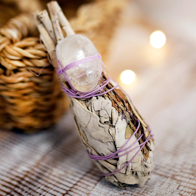 Smudge Stick di Salvia Bianca con Cristallo di Quarzo Citrino