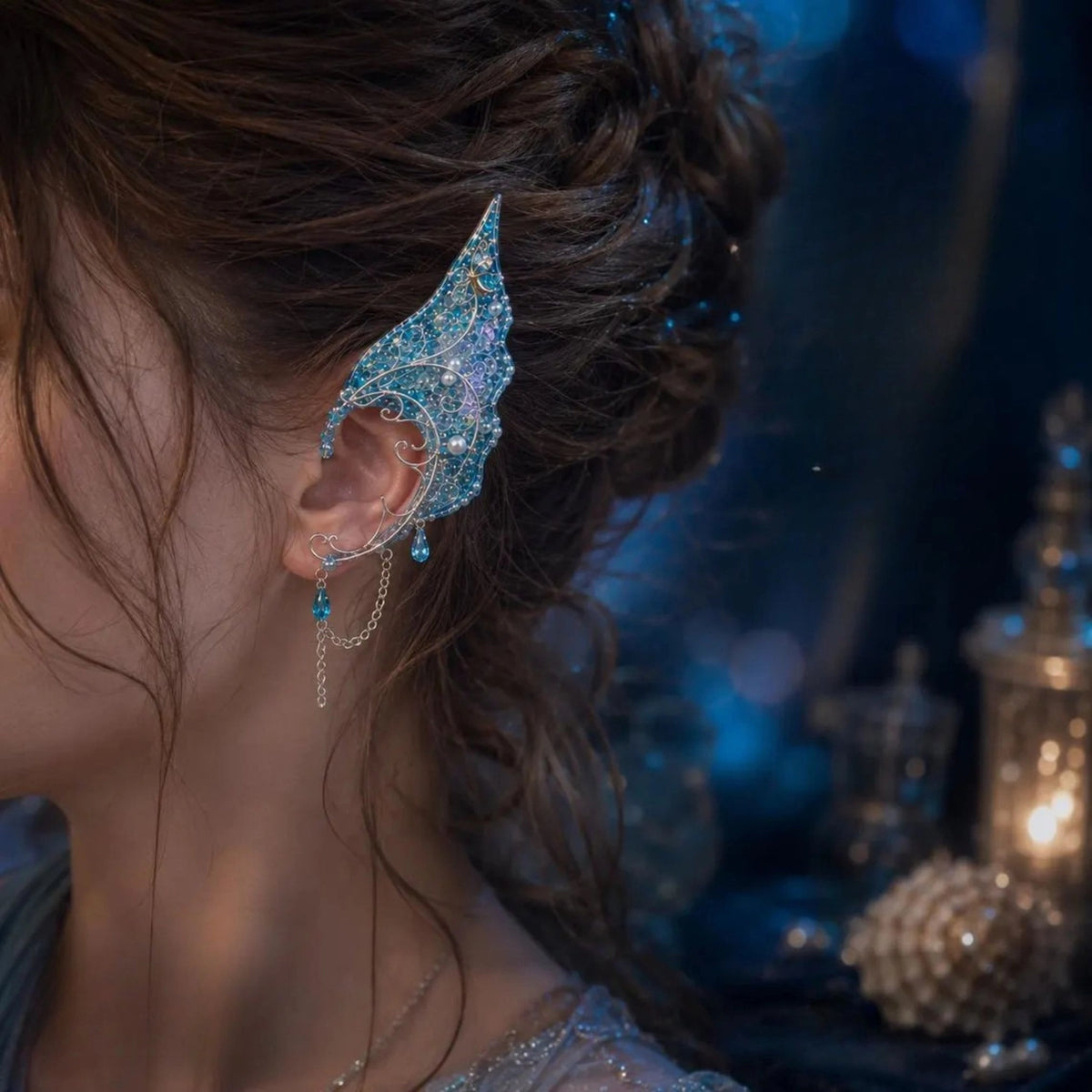 Eleganti Ear Cuff a forma di ali di fata e sirena, con fili argentati e perle