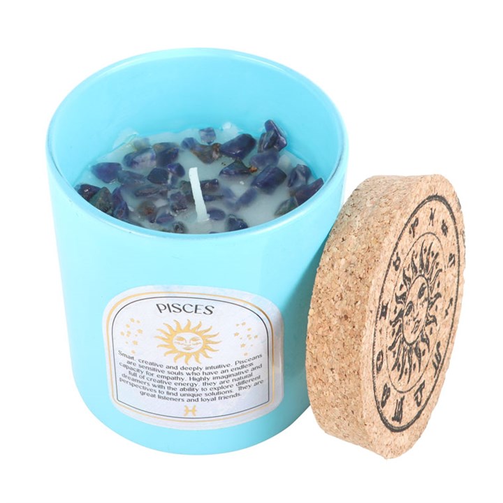 Candela zodiacale dei Pesci profumata alla Gardenia con gemma di Sodalite