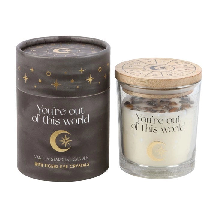 Candela al profumo di Vaniglia Stardust con scaglie di cristallo di Occhio di Tigre