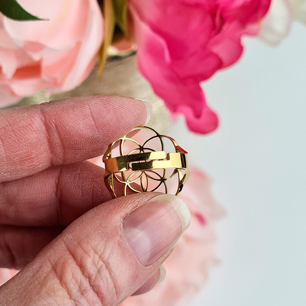 Anello Seme della Vita Regolabile in acciaio inossidabile o placcato oro 18K
