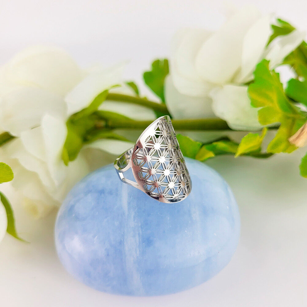 Anello Fiore della Vita Regolabile in acciaio inossidabile o placcato oro 18K