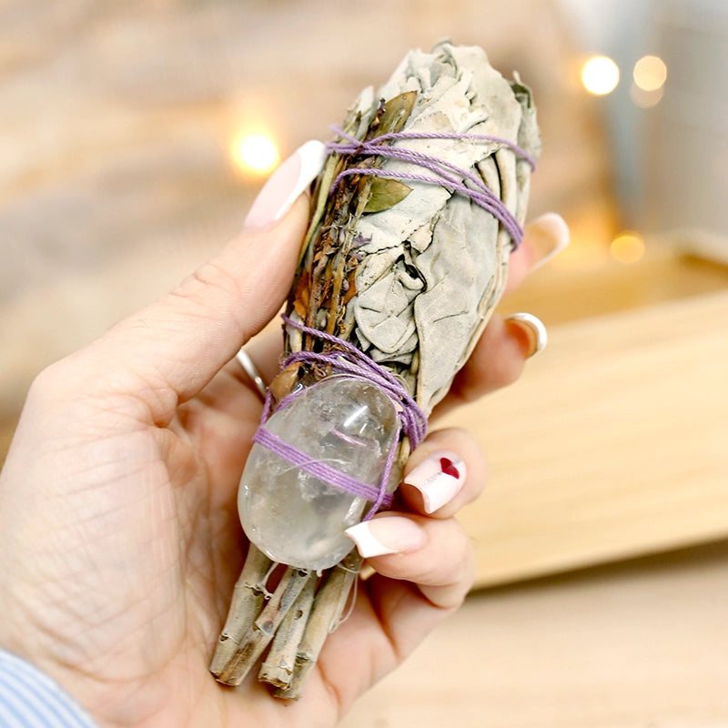 Smudge Stick di Salvia Bianca con Cristallo di Quarzo Citrino