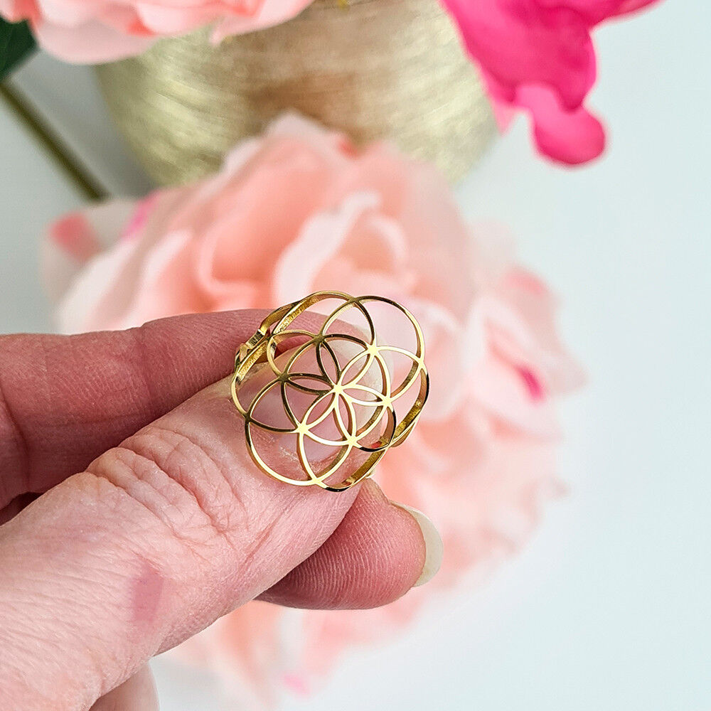 Anello Seme della Vita Regolabile in acciaio inossidabile o placcato oro 18K