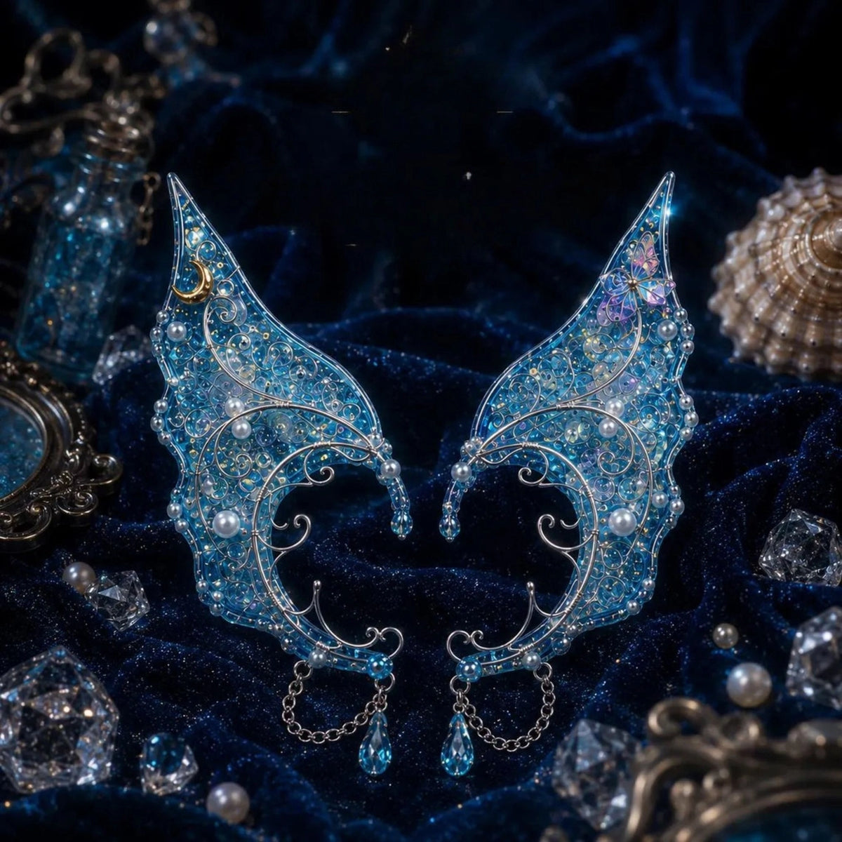 Eleganti Ear Cuff a forma di ali di fata e sirena, con fili argentati e perle