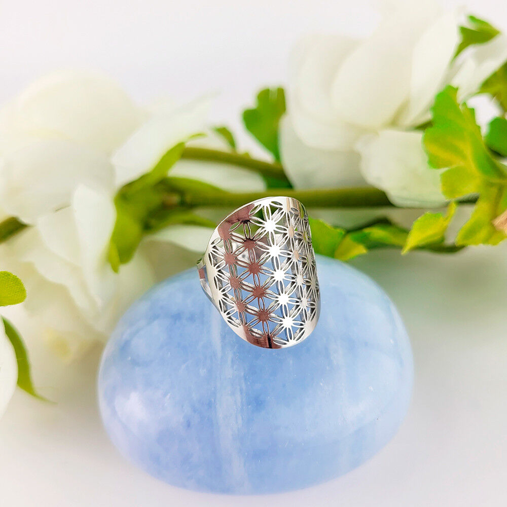 Anello Fiore della Vita Regolabile in acciaio inossidabile o placcato oro 18K