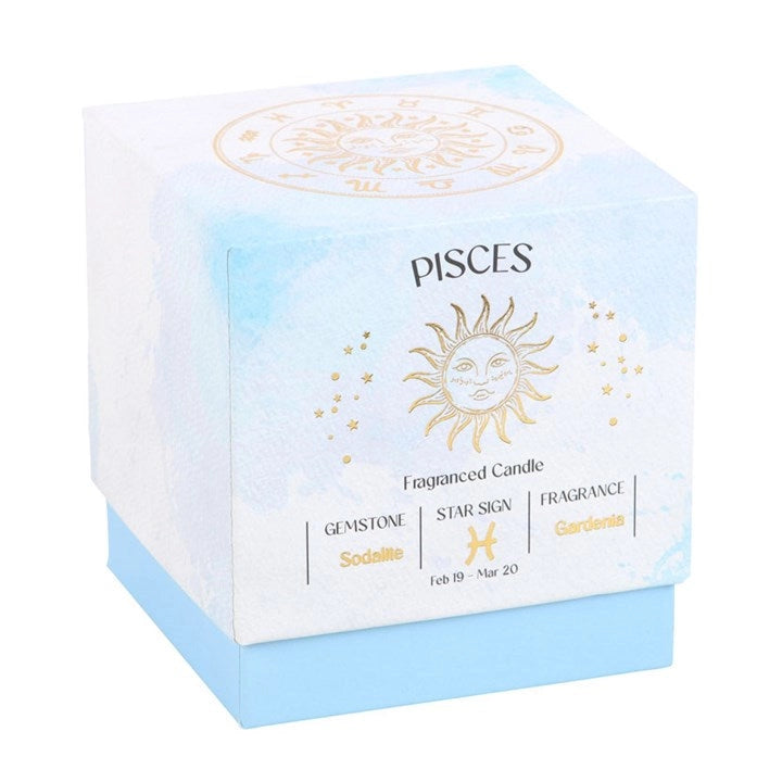 Candela zodiacale dei Pesci profumata alla Gardenia con gemma di Sodalite