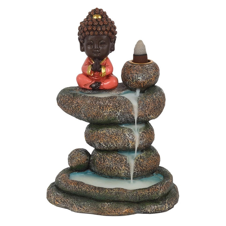 Bruciatore di incenso con Buddha rosso e laghetto roccioso a riflusso