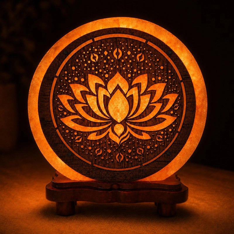 Lampada di Sale Rosa dell'Himalaya "Fiore di Loto" con Base in Legno Massello
