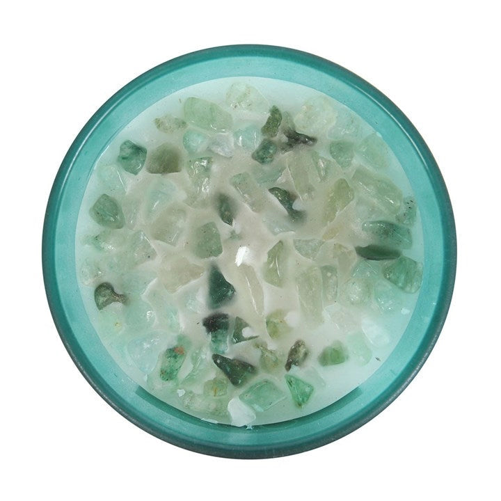 Candela per il Chakra del Cuore profumata alla Menta con chips di cristallo di Avventurina Verde