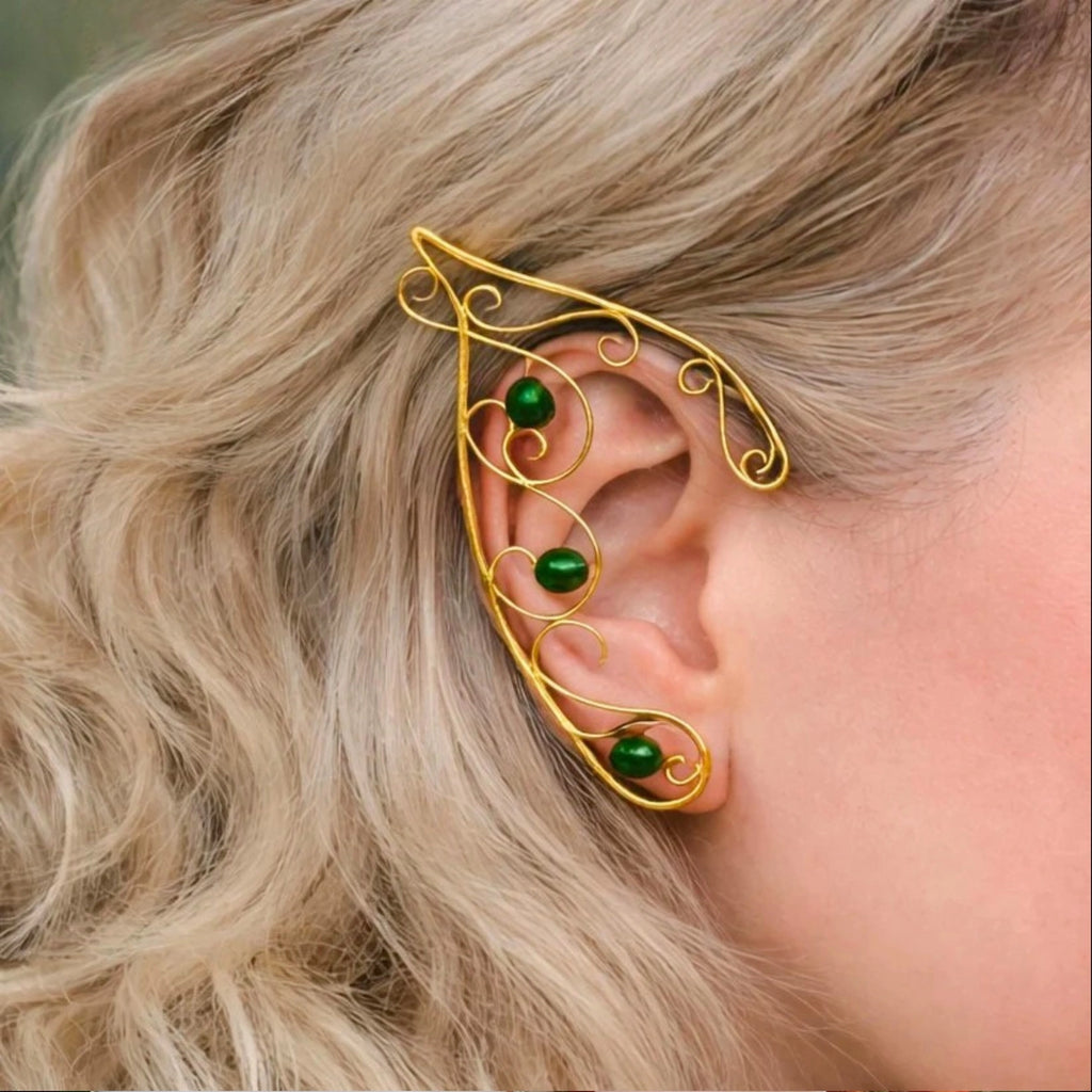 Ear Cuff Elfo con filo dorato e perline verdi