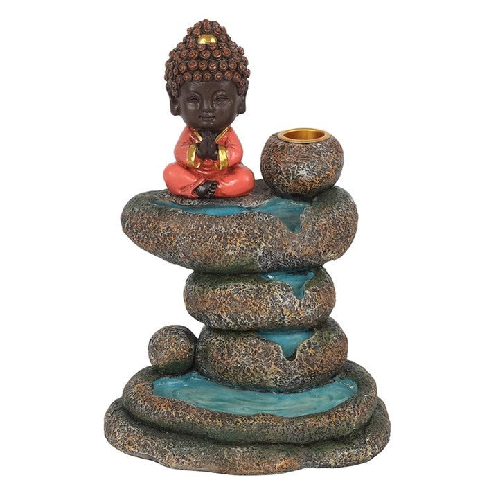 Bruciatore di incenso con Buddha rosso e laghetto roccioso a riflusso