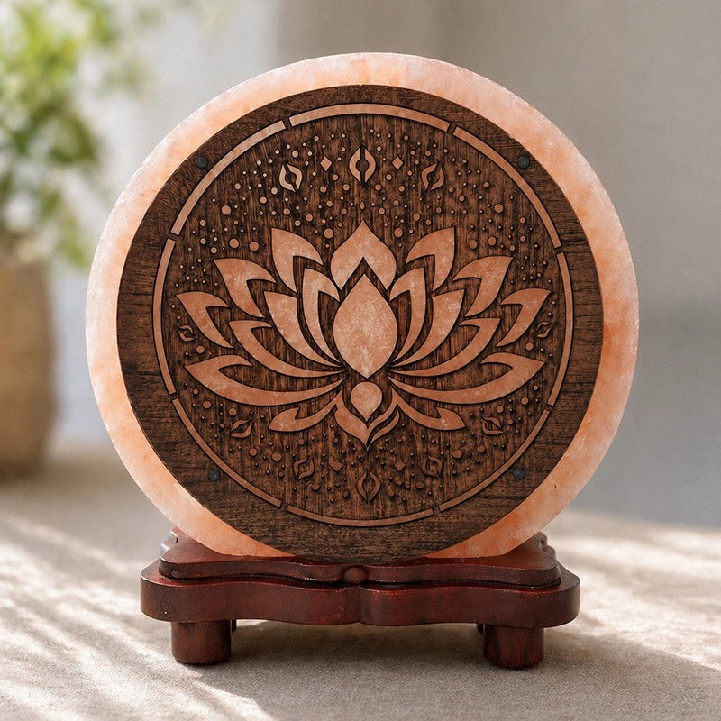 Lampada di Sale Rosa dell'Himalaya "Fiore di Loto" con Base in Legno Massello