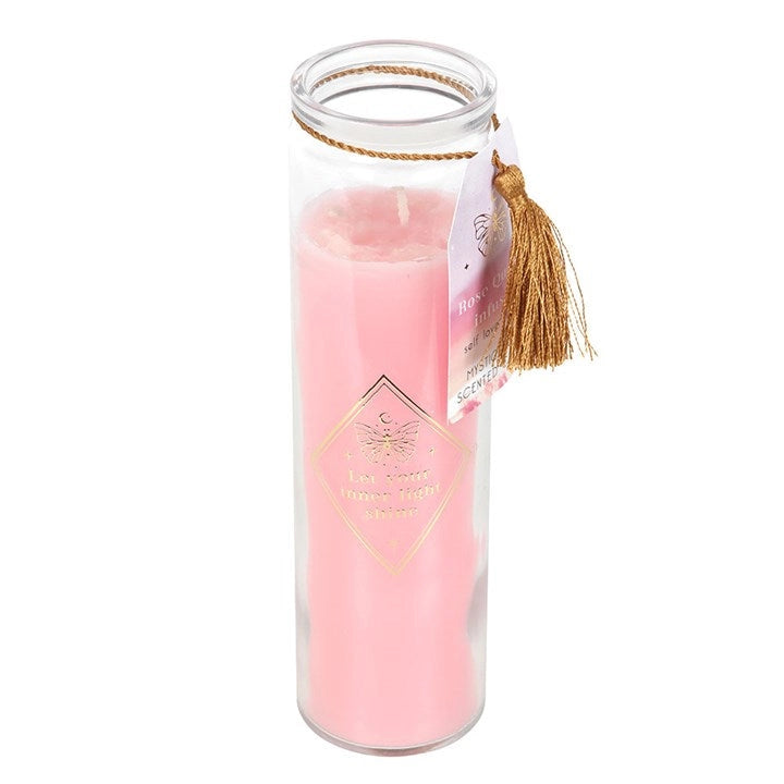 Candela al profumo di Rosa Mistica con cristalli di Quarzo Rosa