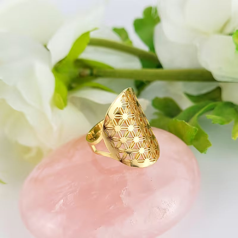 Anello Fiore della Vita Regolabile in acciaio inossidabile o placcato oro 18K