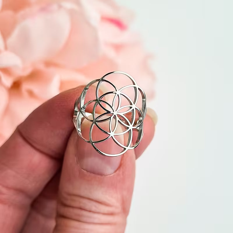 Anello Seme della Vita Regolabile in acciaio inossidabile o placcato oro 18K