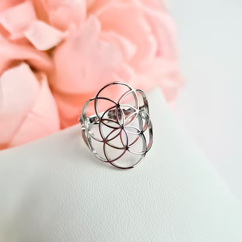 Anello Seme della Vita Regolabile in acciaio inossidabile o placcato oro 18K