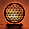 Lampada di Sale Rosa dell'Himalaya "Fiore della Vita" con Base in Pregiato Legno di Acacia