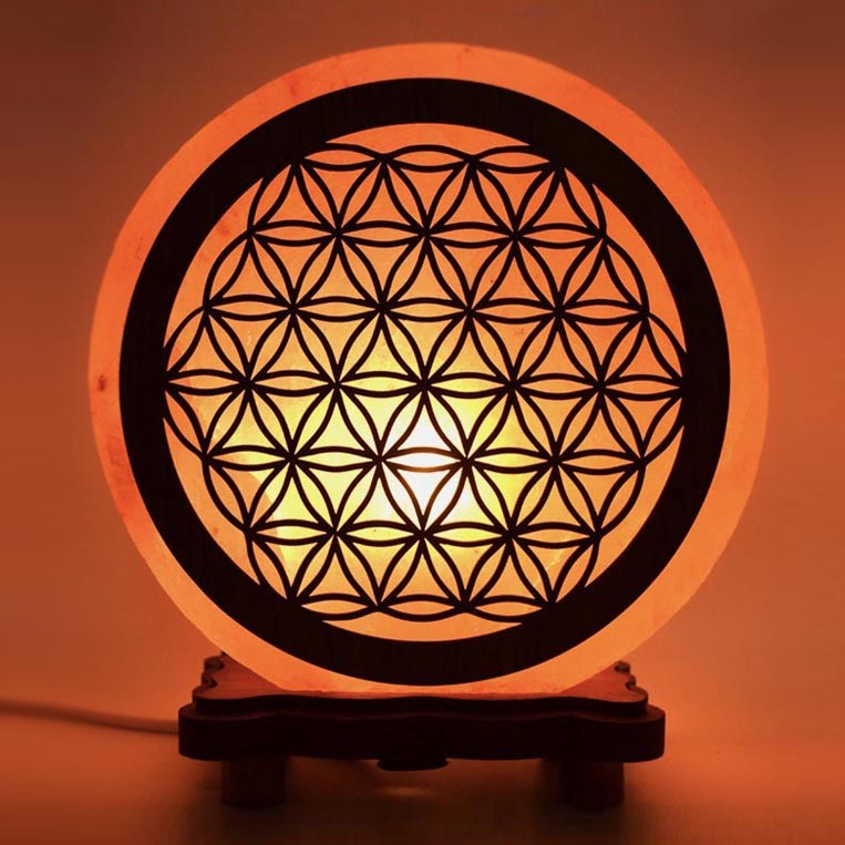 Lampada di Sale Rosa dell'Himalaya "Fiore della Vita" con Base in Pregiato Legno di Acacia