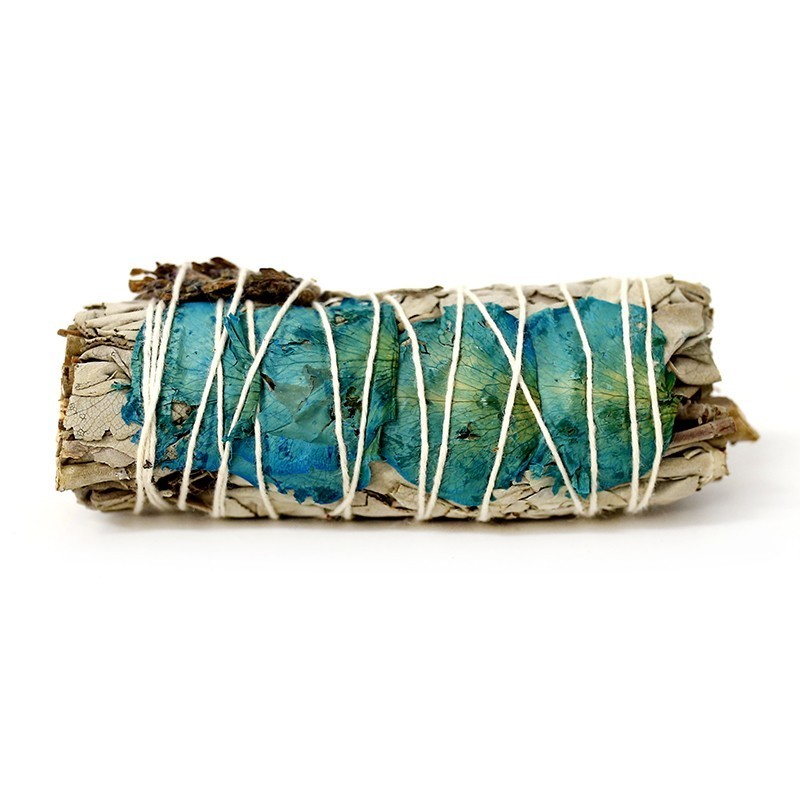 Smudge Stick di Salvia Bianca e Petali Turchesi
