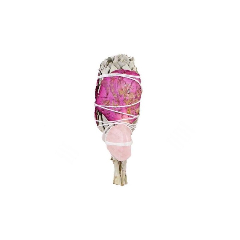 Smudge Stick di Salvia Bianca con Cristallo di Quarzo Rosa