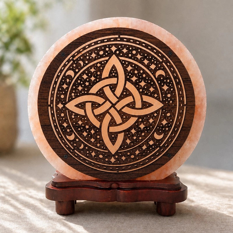 Lampada di Sale Rosa dell'Himalaya "Nodo Celtico" con Base in Legno Massiccio Artigianale