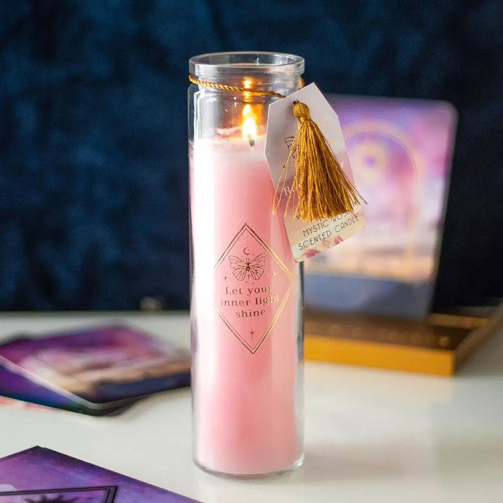 Candela al profumo di Rosa Mistica con cristalli di Quarzo Rosa